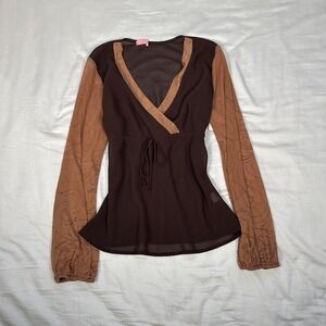 Vintage y2k brown mesh sheer long sleeve fairy babydoll blouse top